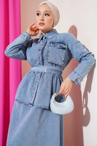 Tek Cepli Kuşaklı Kot Jile Takım Kot Mavisi - Resim 2