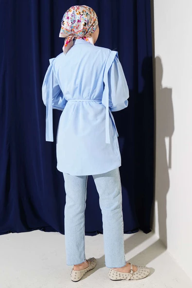 İp Kuşaklı Omuz Pelerinli Gömlek Bebe Mavi - Resim 3