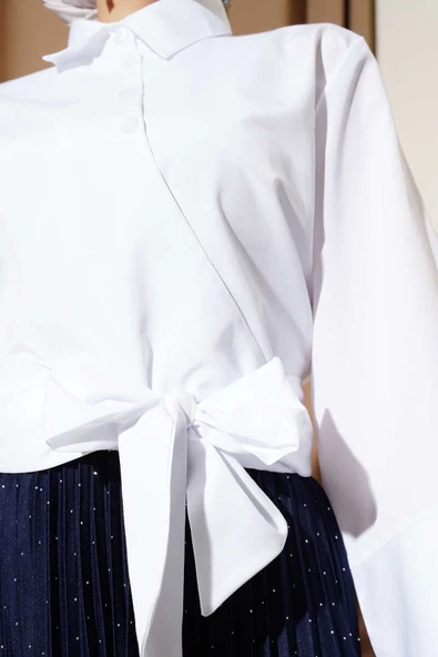 Düğmeli Yan Bağlamalı Kısa Gömlek Beyaz - Resim 4