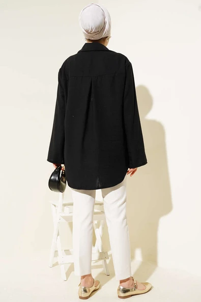 Önü Bağlama Detaylı Keten Kimono Siyah - Resim 3