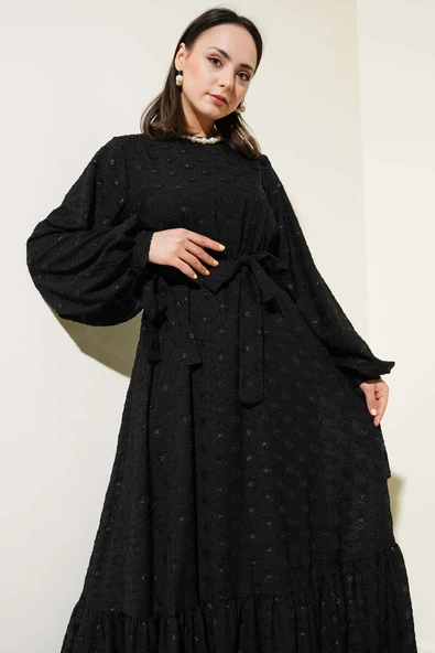 Sim Puantiyeli Volanlı Kuşaklı Elbise Siyah - 2
