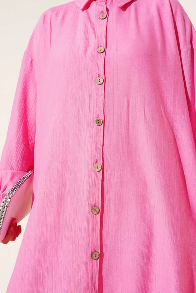 Tahta Düğmeli Uzun Tunik Pembe - Resim 4