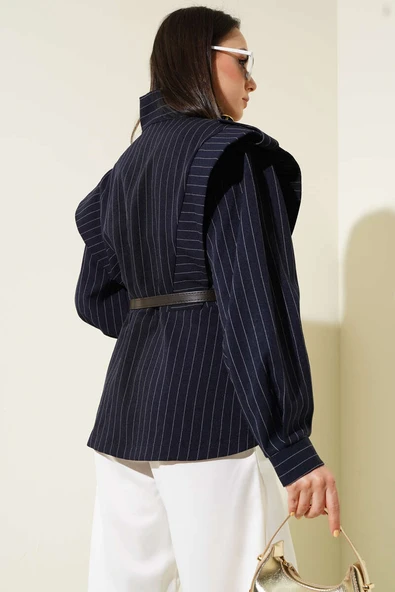 Çizgili Omuz Apoletli Kemerli Ceket Lacivert - Resim 3