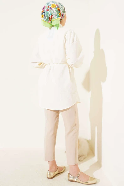 Robalı Balon Kol Kuşaklı Gömlek Krem - Resim 3