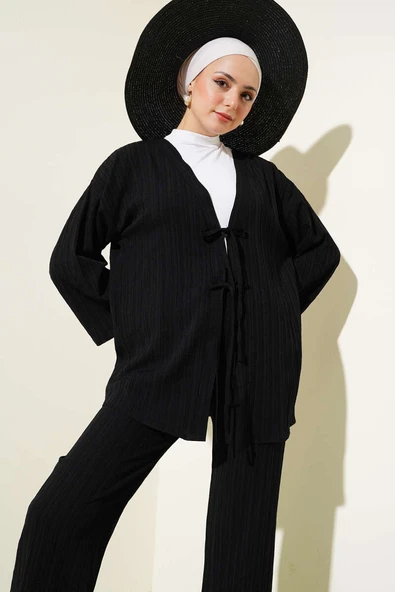 Önü İp Bağcıklı Krinkıl İkili Takım Siyah - Resim 2