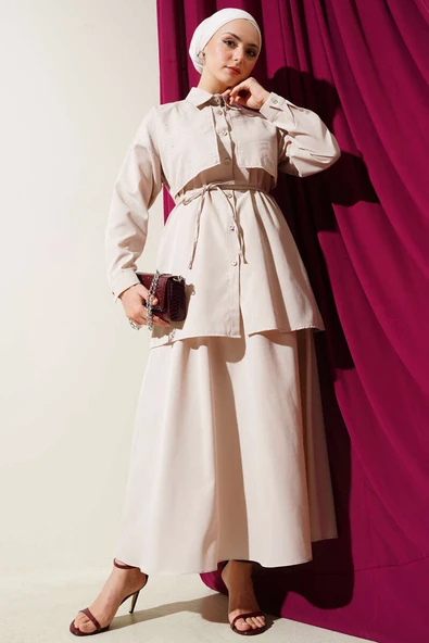 Taşlı Pelerinli Etekli İkili Takım Bej ürün görseli 1