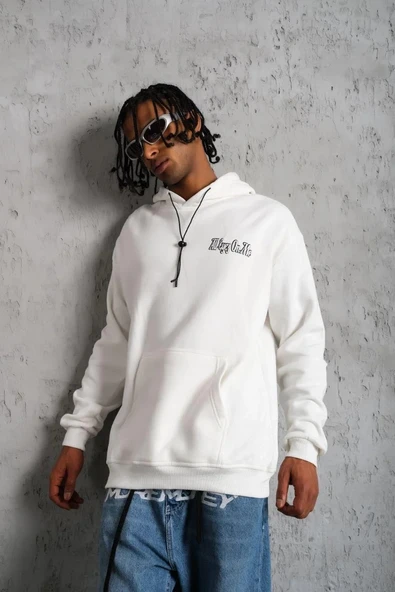 Erkek Oversize Üç İplik Kapüşonlu Sweat – Kol ve Etek Ribana Detaylı, Ön ve Sırt Baskılı, Kanguru Cepli Rahat Kalıp Mode - Resim 2