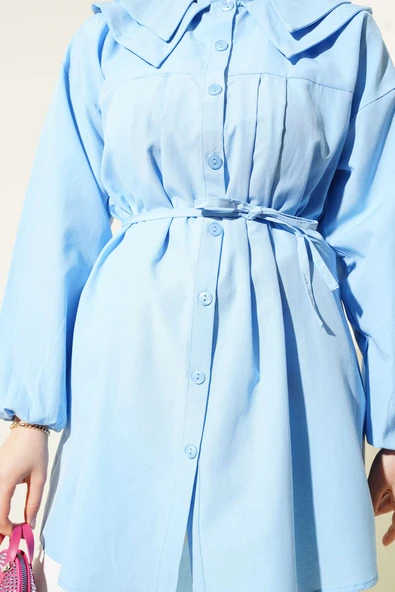 Çift Yaka İp Kuşaklı Gömlek Bebe Mavi - Resim 4
