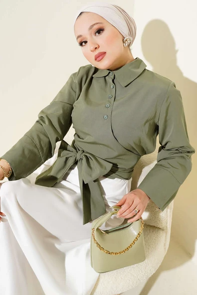 Çapraz Düğmeli Bağlamalı Kısa Gömlek Haki ürün görseli 1