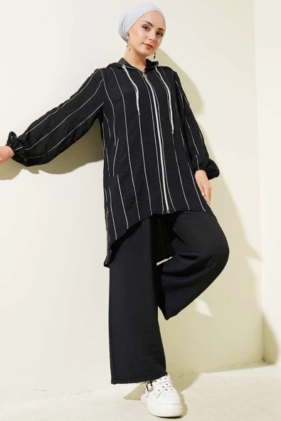 Sim Çizgili Kapüşonlu İkili Takım Siyah ürün görseli 1