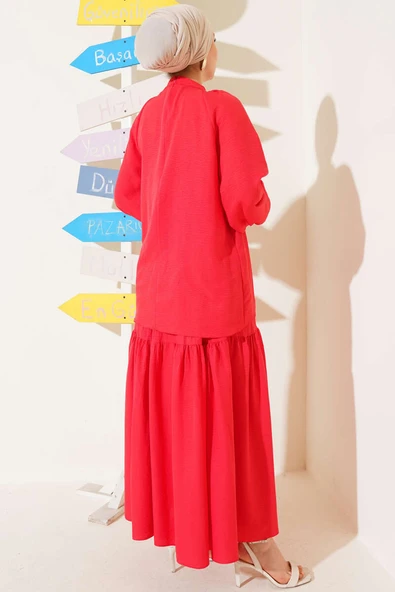 Yakası Büzgülü Etekli İkili Takım Alizarin - Resim 3