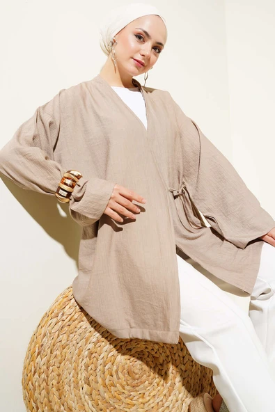 Yandan Çift İp Bağlamalı Kimono Latte ürün görseli 1