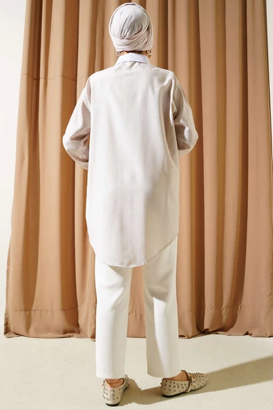 Cep Taşlı İnce Çizgili Gömlek Bej - Resim 3