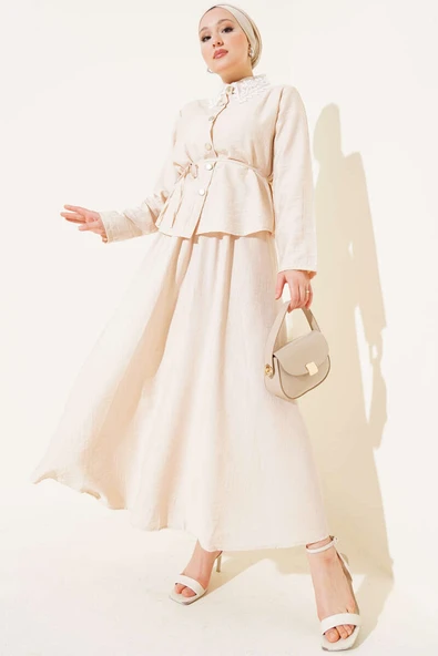Dantel Yaka Etekli İkili Takım Bej ürün görseli 1