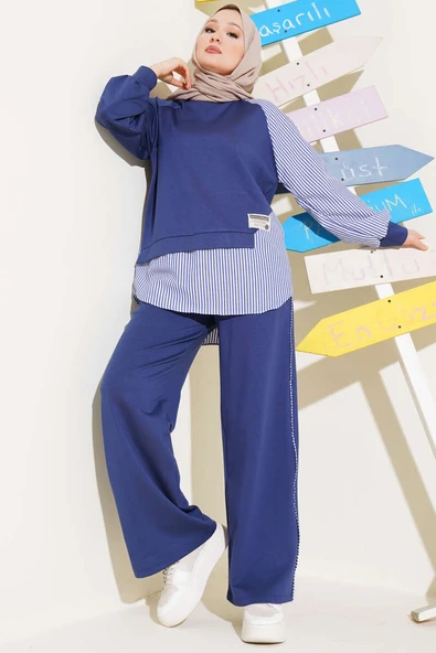 Loyşa Çizgi Garnili Tunik İkili Takım Lacivert ürün görseli 1