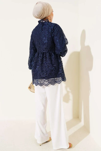 Brodeli Önü Düğmeli Gömlek Lacivert - Resim 3