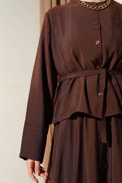 Düğmeli Kuşaklı Jile İkili Takım Kahve - Resim 4