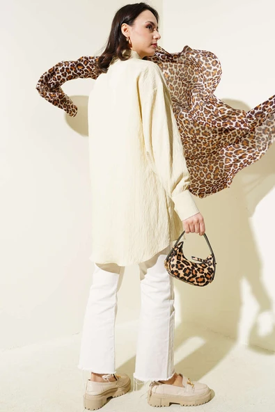 Kırışık Çizgili Basic Gömlek Bej - Resim 3