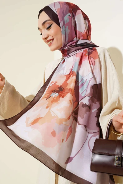 Ebruli Çiçek Desen Soft Şal Kestane - Resim 2