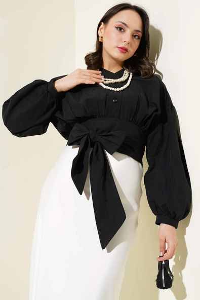 Yarım Düğmeli Bağlamalı Kısa Gömlek Siyah ürün görseli 1