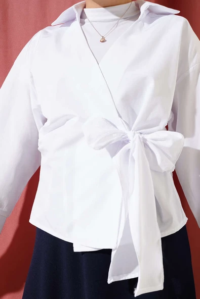 Yandan Bağlamalı Bluz Beyaz - Resim 4