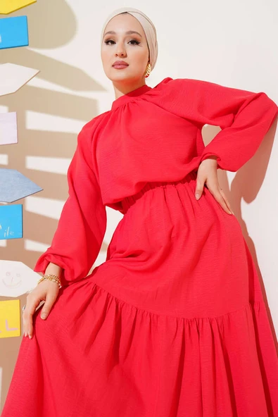 Yakası Büzgülü Etekli İkili Takım Alizarin - Resim 2