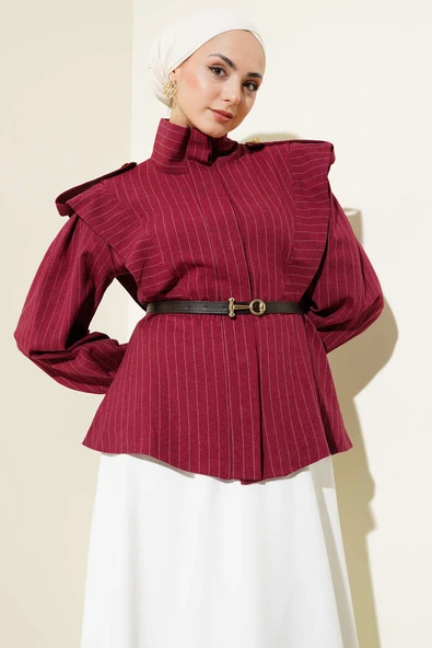 Çizgili Omuz Apoletli Kemerli Ceket Bordo ürün görseli 1