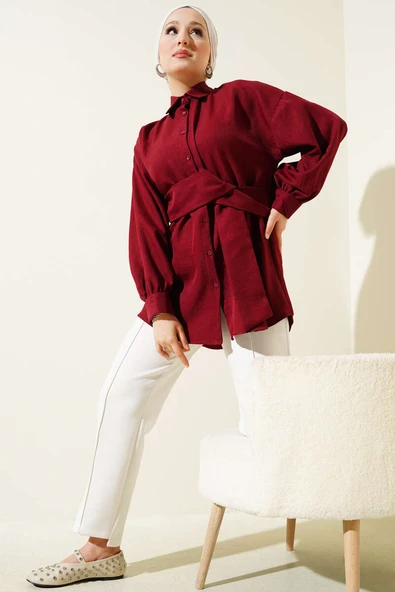 Kendinden Geniş Kuşaklı Gömlek Bordo - Resim 2