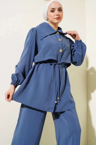 Bolero Detaylı Bel Tünelli İkili Takım İndigo - Resim 2