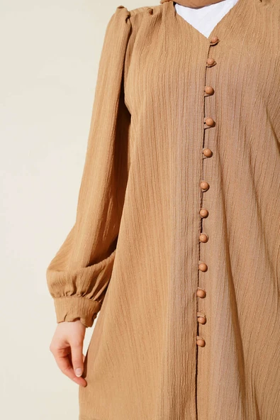 Brit Düğmeli Krinkıl Gömlek Latte - Resim 4