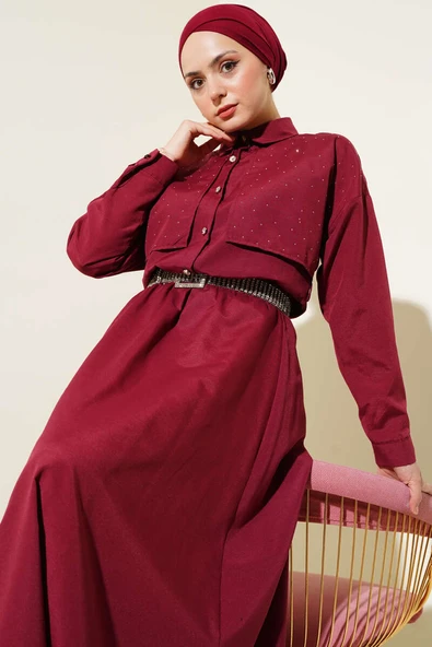 Taşlı Pelerinli Etekli İkili Takım Bordo - Resim 2