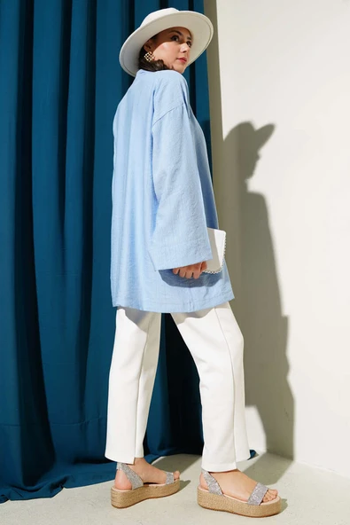 Yandan Çift İp Bağlamalı Kimono Mavi - Resim 3