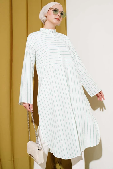 Asimetrik Çizgili Uzun Keten Gömlek Yeşil ürün görseli 1