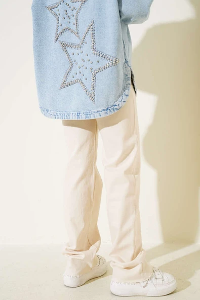 Paçası Püsküllü Palazzo Kot Pantolon Taş - Resim 3