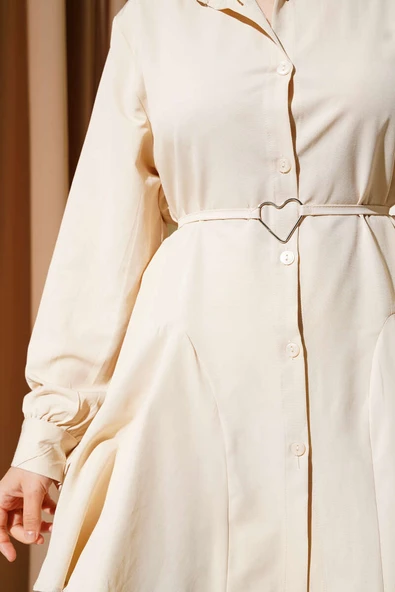 Kalp Tokalı Kuşaklı Gömlek Bej - Resim 4
