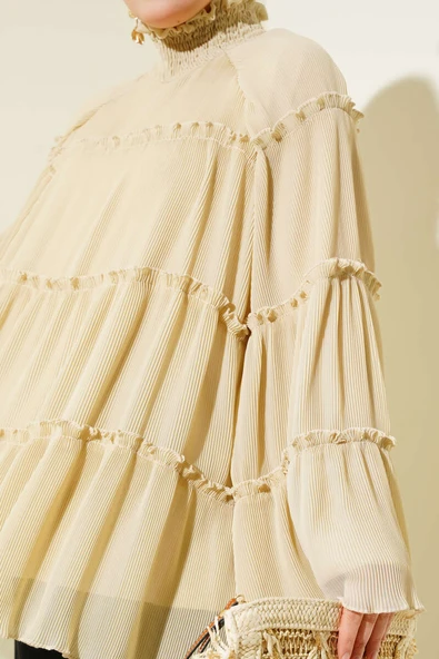 Pliseli Kat Kat Salaş Tunik Bej - Resim 4