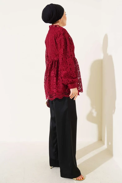 Brodeli Önü Düğmeli Gömlek Bordo - Resim 3