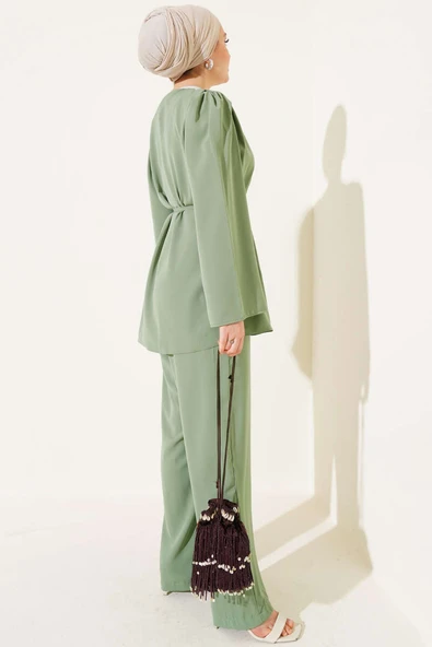 Brit Düğmeli İp Kuşaklı Tunik İkili Takım Çağla Yeşili - Resim 3