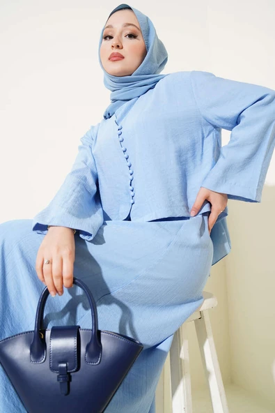 Brit Düğmeli Bluzlu Jile İkili Takım Mavi - Resim 2