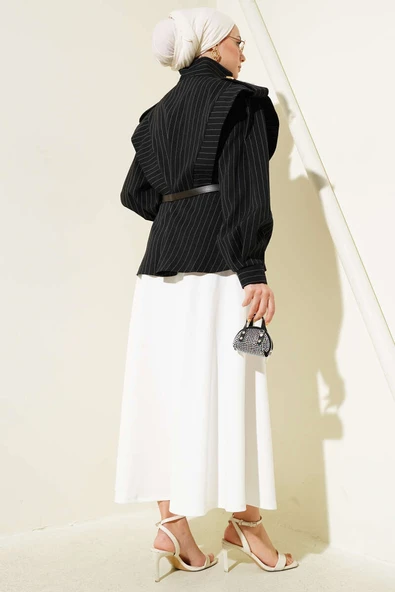 Çizgili Omuz Apoletli Kemerli Ceket Siyah - Resim 3