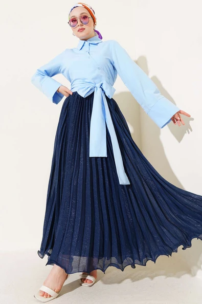 Belden Bağlama Detaylı Kısa Gömlek Bebe Mavi - Resim 2