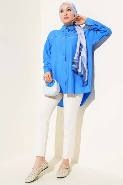 Göğüs Taş Sıralı Gömlek Saks - Resim 2