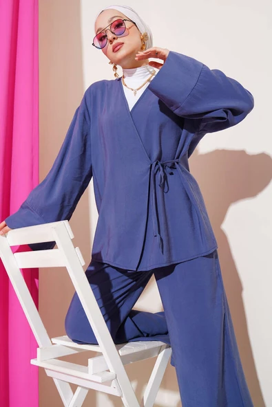 Yandan İp Bağcıklı Kimono İkili Takım İndigo ürün görseli 1