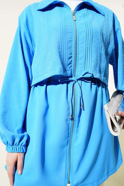 Pelerinli Taşlı Bel Tünelli Kap Mavi - Resim 4