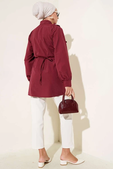 Omuz Fırfırlı İncili Gömlek Bordo - Resim 3