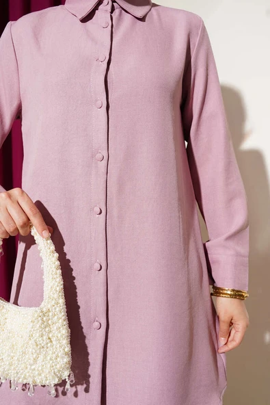 Top Düğmeli Keten İkili Takım Pudra - Resim 4