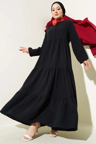 Yarım Düğmeli Hakim Yaka Müslin Elbise Siyah ürün görseli 1