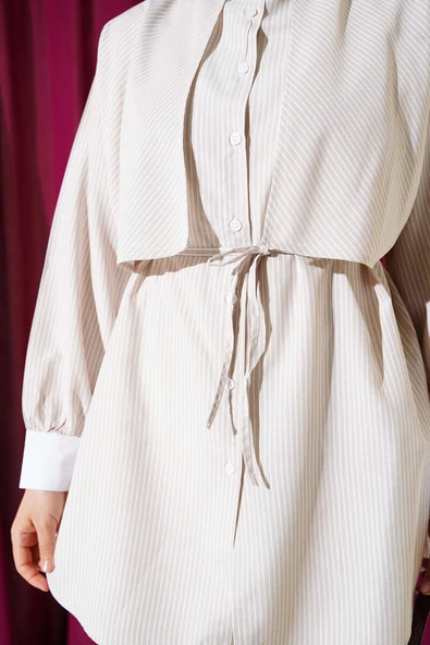 Çizgili Pelerinli Gömlek Bej - Resim 4