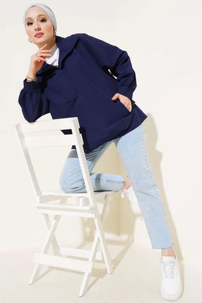 V Yaka Cepli Tunik Lacivert - Resim 2