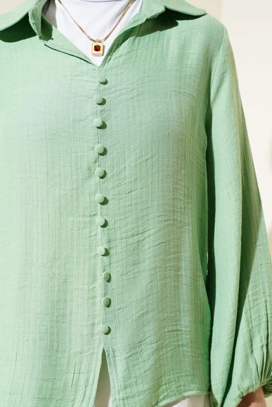 Bebe Yaka Düğme Detaylı Gofre Bluz Fıstık Yeşili - Resim 4